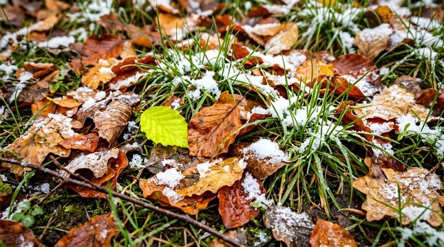 Fallen leaves covered in first snow
