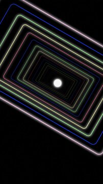 Neon geometric tunnel with glowing lines on black background. 2d animation