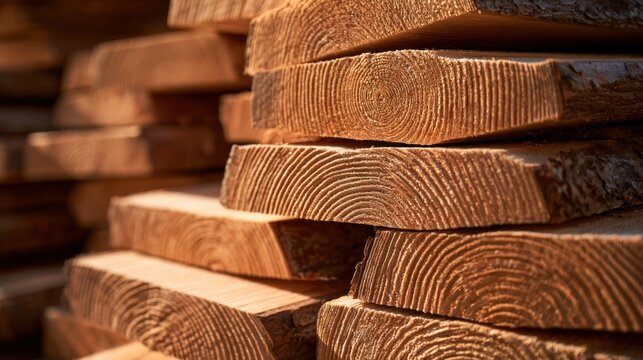 Close-up detailed view of stacked wooden plank cut tree rings showing texture grain surface and natural raw timber materials in warm sunlight background
