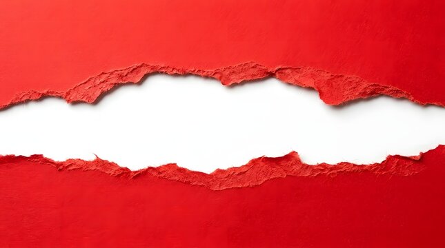 Bright red paper torn in the middle creating a horizontal gap with rough edges for text placement or design projects isolated on a simple clean surface for copy space