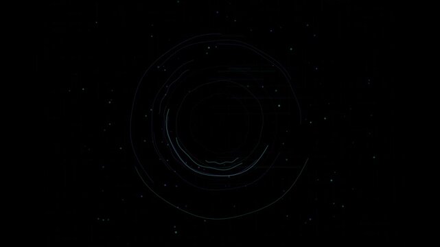 Dynamic concentric glowing blue and purple circles with scattered particles on a black background, symbolizing digital data flow and technological processes.