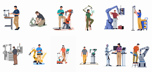 Fototapeta premium Collection of illustrations depicting male and female technicians and engineers working with industrial robots and automated machinery in a modern factory setting.