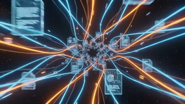Data Streams Flowing: Abstract digital art depicting glowing blue and orange lines flowing through interconnected digital cubes and documents.