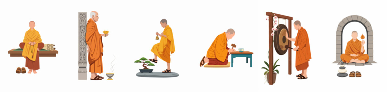 Set of vector illustrations showing Buddhist monks in traditional saffron robes performing various daily rituals and activities like meditation, gardening, and praying.
