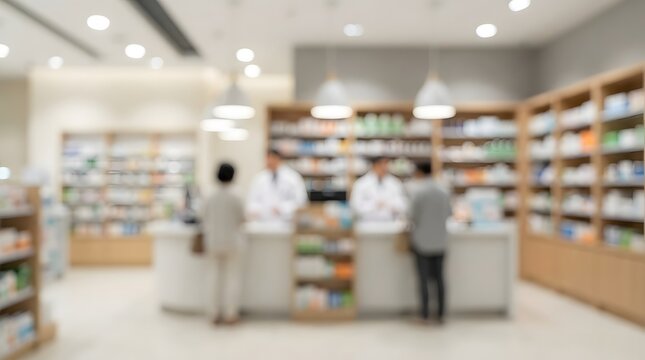 Blurred pharmacy interior with customers and pharmacists working at the counter with shelves of medicine bottles and health products in a bright modern retail store