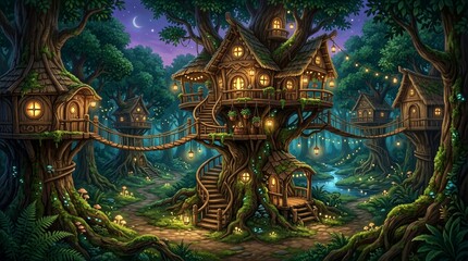 Obraz premium Treehouse village lit at night in forest clearing with bridges