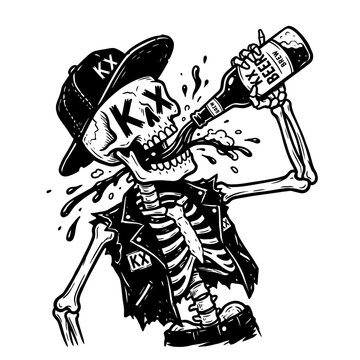 Punk rock skeleton enjoying a beer with liquid splashing from mouth and bottle