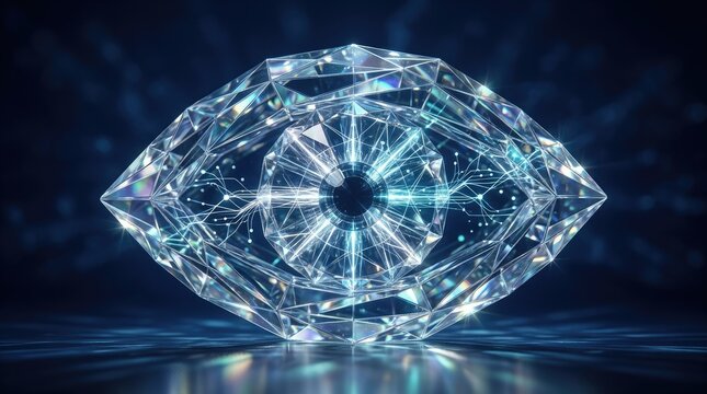 Diamond shaped eye symbol representing digital surveillance and advanced security technology concept