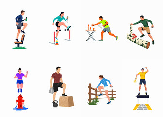 Naklejka premium Flat vector illustration set of people overcoming various urban and natural obstacles through jumping, climbing, and athletic training.