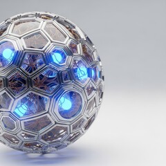 Naklejka premium A microscopic biological robot featuring intricate geometric patterns, metallic surfaces, glowing internal components, and organic fibers, biotechnology, digital, science fiction
