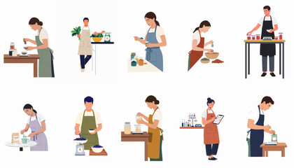 Fototapeta premium Set of Diverse People in Aprons Engaged in Various Culinary Activities Including Cooking, Baking, Weighing Ingredients, and Food Preparation on White Background.