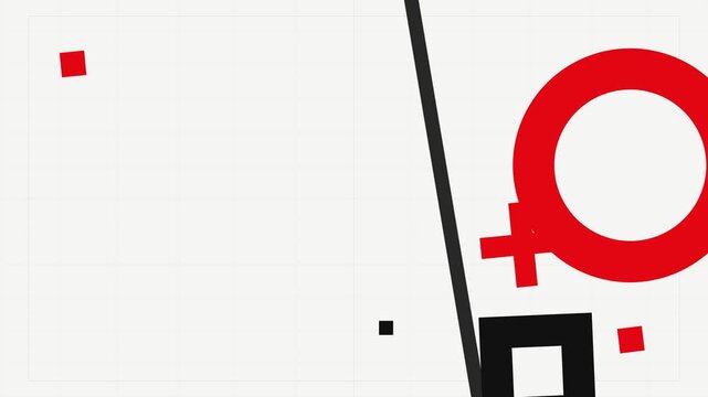 A clean, minimalist background with a subtle grid pattern showcases bold red circles, black squares, and strong diagonal lines.