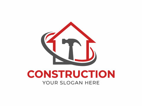 Construction logo with hammer and house icon. Home renovation and building services vector. Red and grey handyman branding.