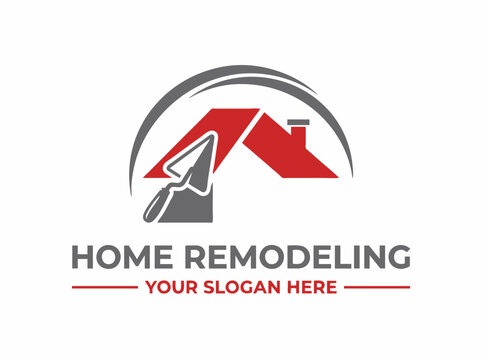 Home remodeling logo with red roof and trowel icon, professional construction company branding, house renovation services vector