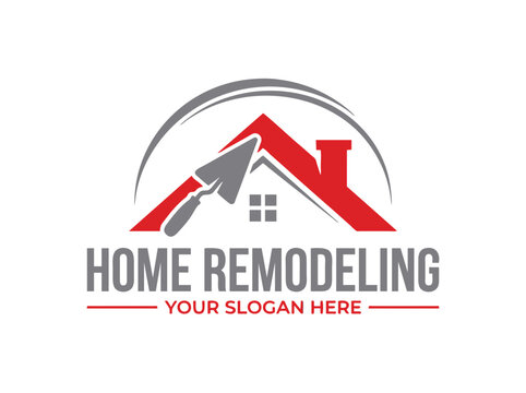 Home remodeling logo with red roof and trowel icon. Construction company branding. Professional house renovation and masonry service vector.