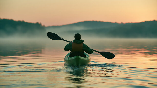 Solo kayaker gliding across calm misty lake at sunrise, cinematic outdoor adventure scene with peaceful water and distant forest horizon