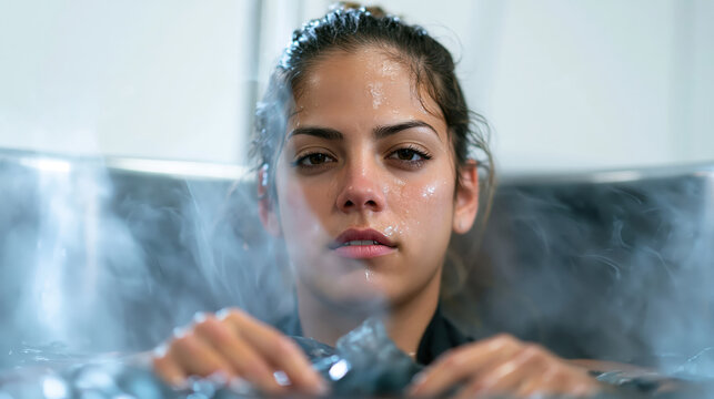 Athlete sitting in ice bath after intense training, showing focused determination during recovery in minimalist room