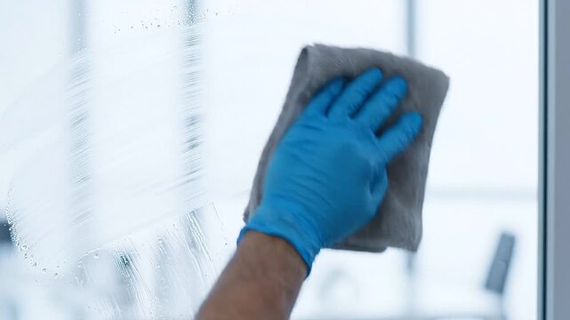 Cleaner wiping and polishing office glass window with spray and microfiber cloth