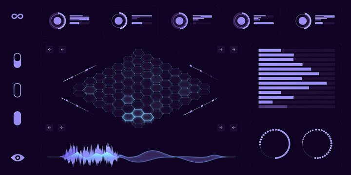 Futuristic HUD Dashboard and Sci-Fi Cyberpunk UI Interface with Audio Waveforms, Graphs, and Digital Data Visualization Elements