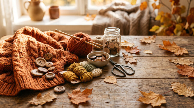 Cozy autumn crafting setup with wooden buttons, yarn, knitting needles, and leaves on a rustic table