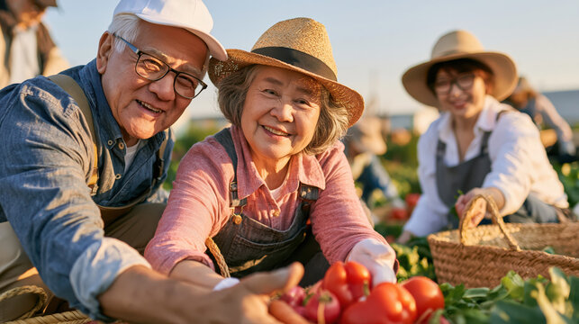 Older Asian volunteers harvesting fresh tomato in community garden with joyful teamwork and warm sunlight