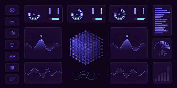 Futuristic HUD Dashboard and Sci-Fi Cyberpunk UI Interface with Audio Waveforms, Graphs, and Digital Data Visualization Elements