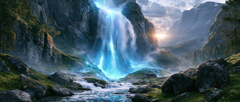 Waterfall canyon river mountain sunrise landscape glowing light cinematic scenery amid rugged cliffs and flowing water, creating serene futuristic