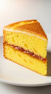 A golden pineapple cake slice rests on a white ceramic plate, showing its bright yellow crumbly texture and sweet jam filling under soft light, sugar, wood, snack