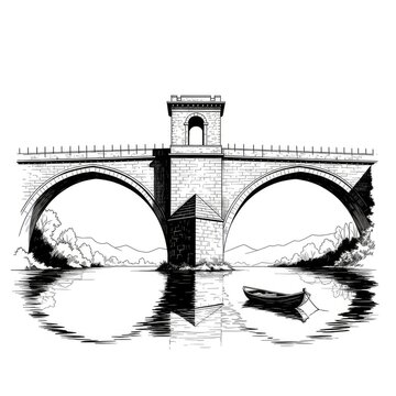 A minimalist black and white ink illustration featuring a large arched stone bridge spanning across a calm river where a small boat floats gracefully, ink, water, artistic