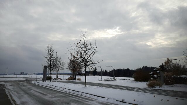 Snow-covered winter landscape with a quiet road, leafless trees, and cloudy sky, capturing a cold snowy day