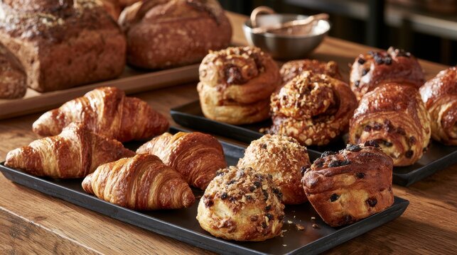 Freshly baked assortment of golden brown croissant and sweet bread rolls with nuts on trays in rustic bakery setting with wooden surface and blurred background