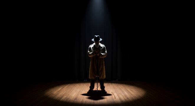 Mysterious Figure Under Spotlight on Dark Stage.