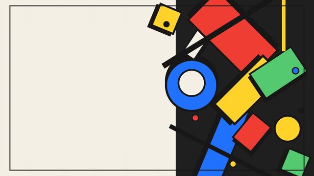 Dynamic geometric abstraction featuring primary colored shapes and lines on a split background, creating a bold, modern composition with negative space.