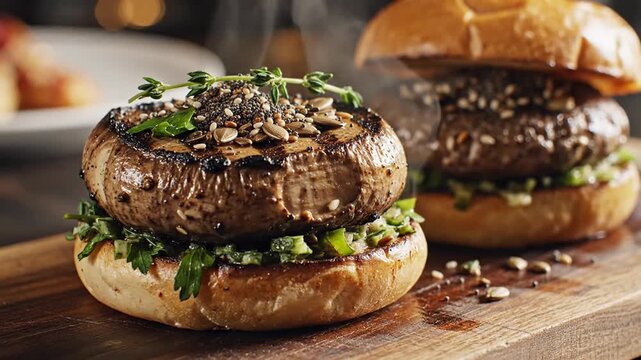 Gourmet mushroom burgers with seeds and herbs on wood board