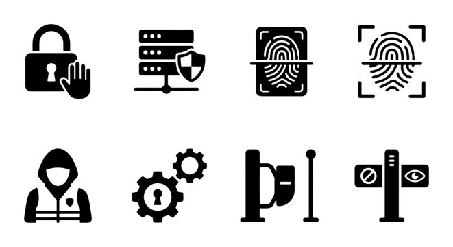 Security icons for data protection, fingerprint scan, and access control, outline solid styles, UI and web interface