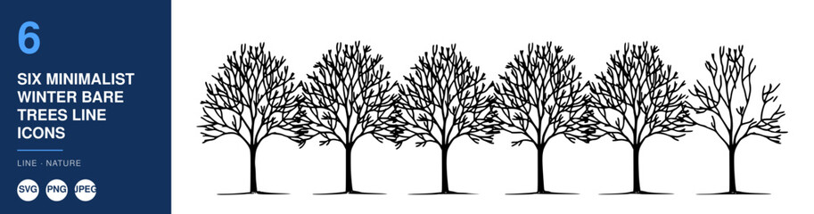 Obraz premium Six Minimalist Winter Bare Trees Line Icons Set, Nature Illustration, Simple Graphic Design, Vector Icons, Line Art.