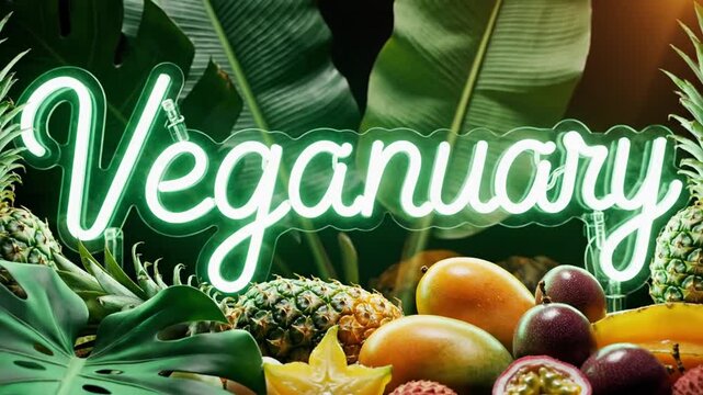 Green neon sign with tropical fruits and lush leaves