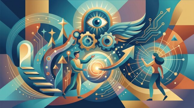 Futuristic illustration of people interacting with abstract technology.