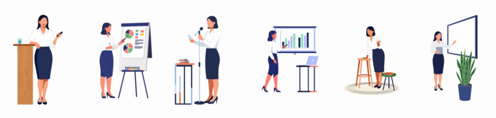 Fototapeta premium Set of flat vector illustrations featuring a professional businesswoman in various public speaking and presentation poses on a white background.