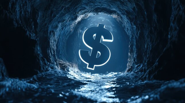 Illuminated dollar sign symbol glowing inside dark rocky cave tunnel representing financial opportunity and wealth emerging from challenging or hidden environment concept