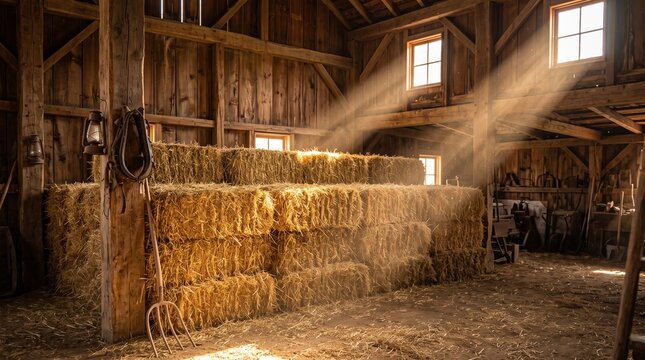 Sunlight streaming through windows into a rustic wooden barn interior