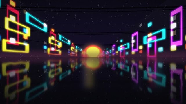 Neon geometric shapes with glowing sunset. 2d animation