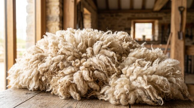 Raw sheep wool fleece pile on a wooden table inside a rustic barn