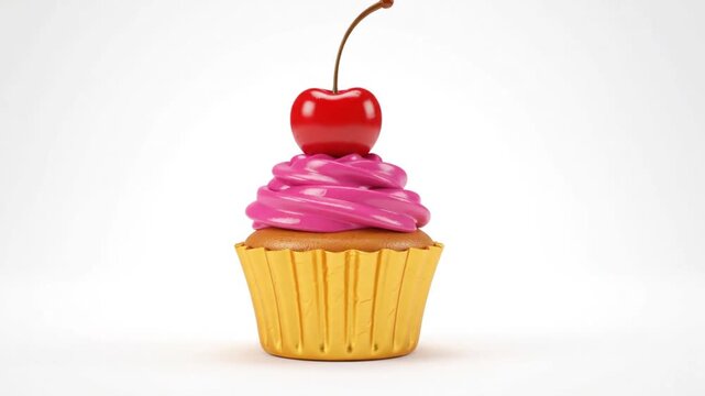 3D Pink Cupcake with Cherry on Top Isolated on White