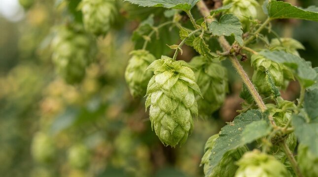 Fresh hop cones hanging on vine in agricultural field during harvest