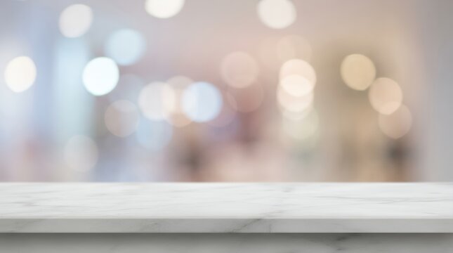 Empty white marble table top, blurred interior bokeh background, product display template for kitchen or cafe