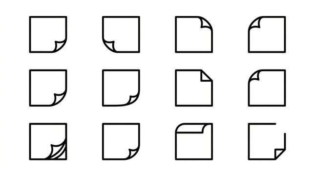 Collection of twelve minimalist folded corner page icons in black and white.