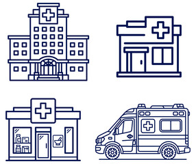 Hospital buildings and ambulance vehicle blue line art healthcare clinic medical © Bibi