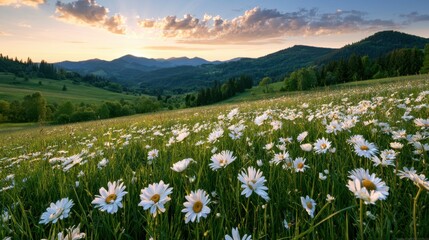 Fototapeta premium Scenic landscape of lush green meadow covered with numerous white daisies under a colorful sunset sky with rolling hills and forest in background, peaceful nature view