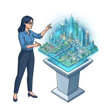 Architect with holographic smart city digital twin for urban planning